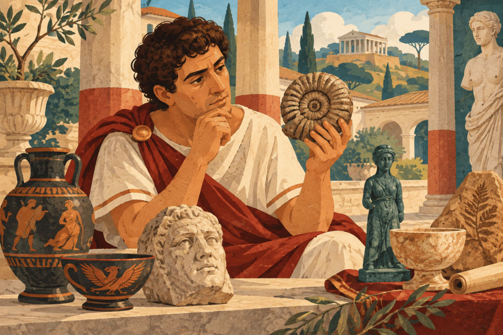Illustration of an ancient Roman collector examining an ammonite fossil among pottery and sculptures.