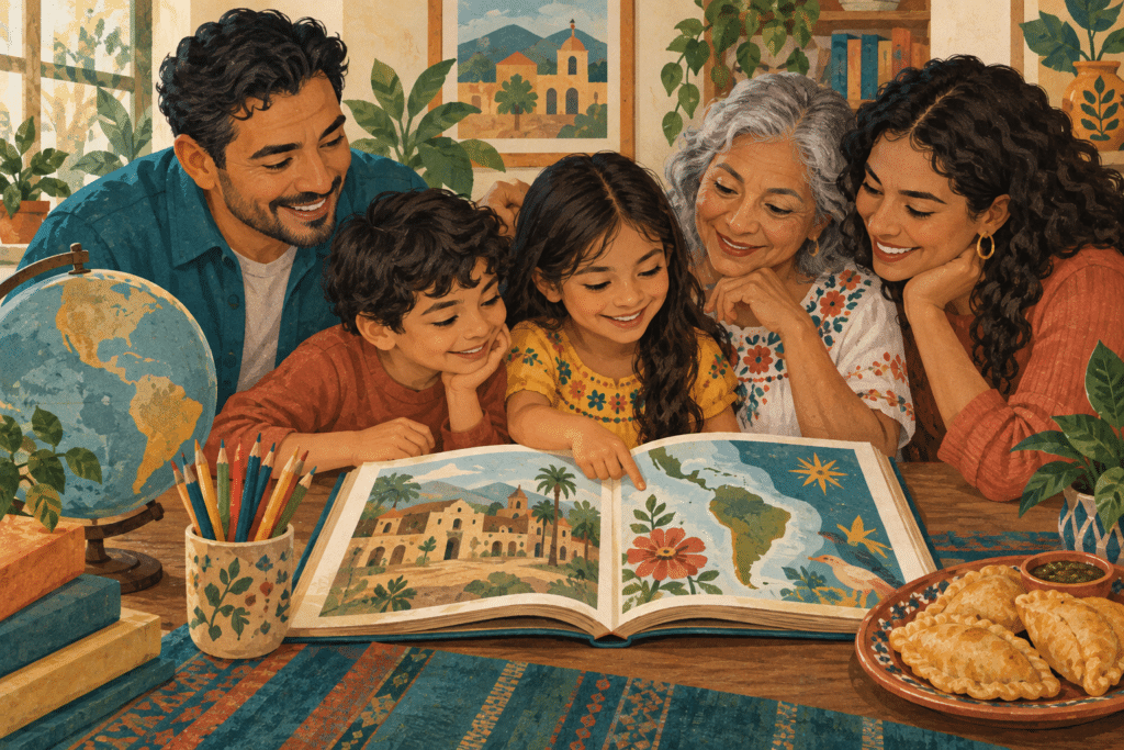 Illustration of a Latino family exploring books, food and a globe together.