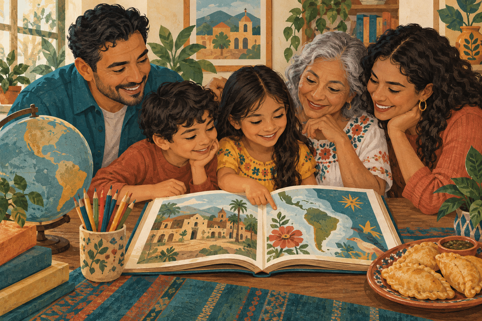Illustration of a Latino family exploring books, food and a globe together.