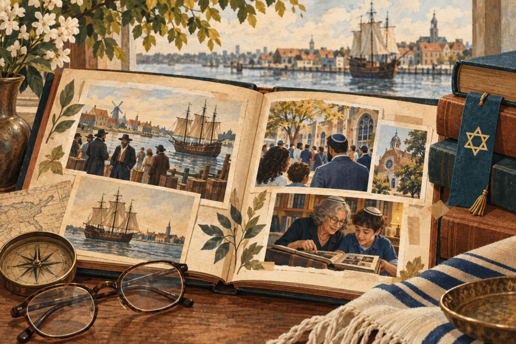 Illustration of a Jewish American family album, books and a Star of David bookmark.