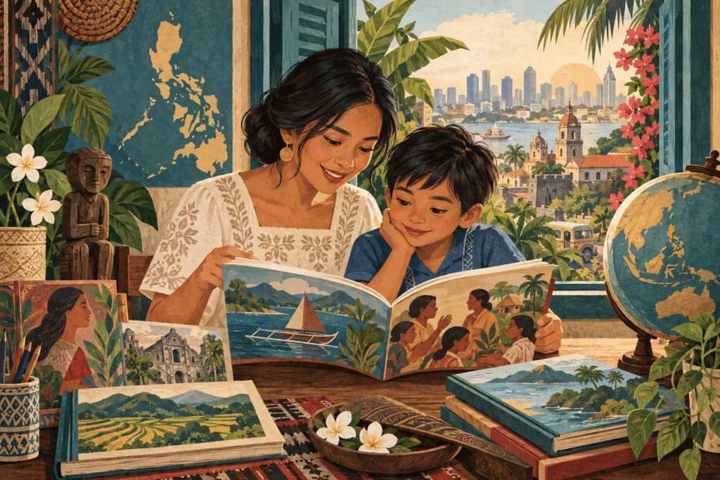 Illustration of a Filipino parent and child reading together, with a map of the Philippines and city views.
