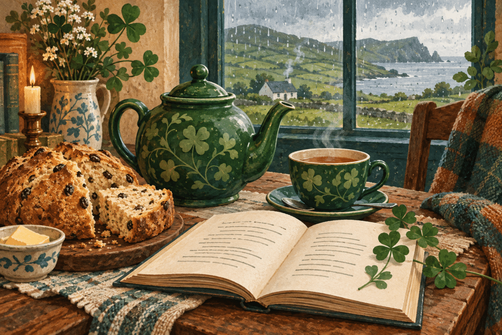 Illustration of tea, poetry, soda bread and shamrocks beside an Irish countryside window.
