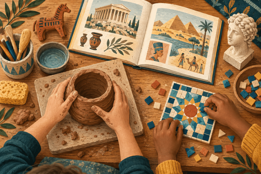 Illustration of children shaping a clay pot and assembling a mosaic during hands-on history learning.