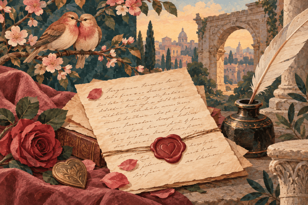 Illustration of an antique love letter with a heart-shaped wax seal, quill and two birds.