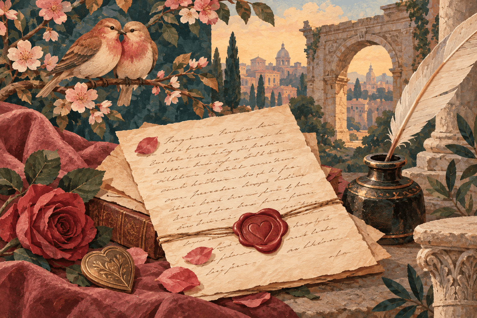 Illustration of an antique love letter with a heart-shaped wax seal, quill and two birds.