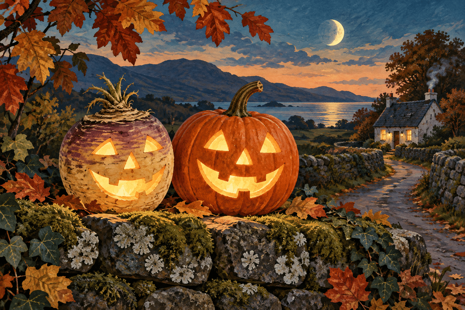Illustration of glowing turnip and pumpkin lanterns beside an Irish country lane at twilight.