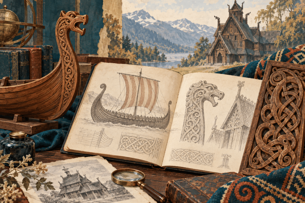 Illustration of a Viking longship model, Norse-inspired wood carvings and an open architectural sketchbook.
