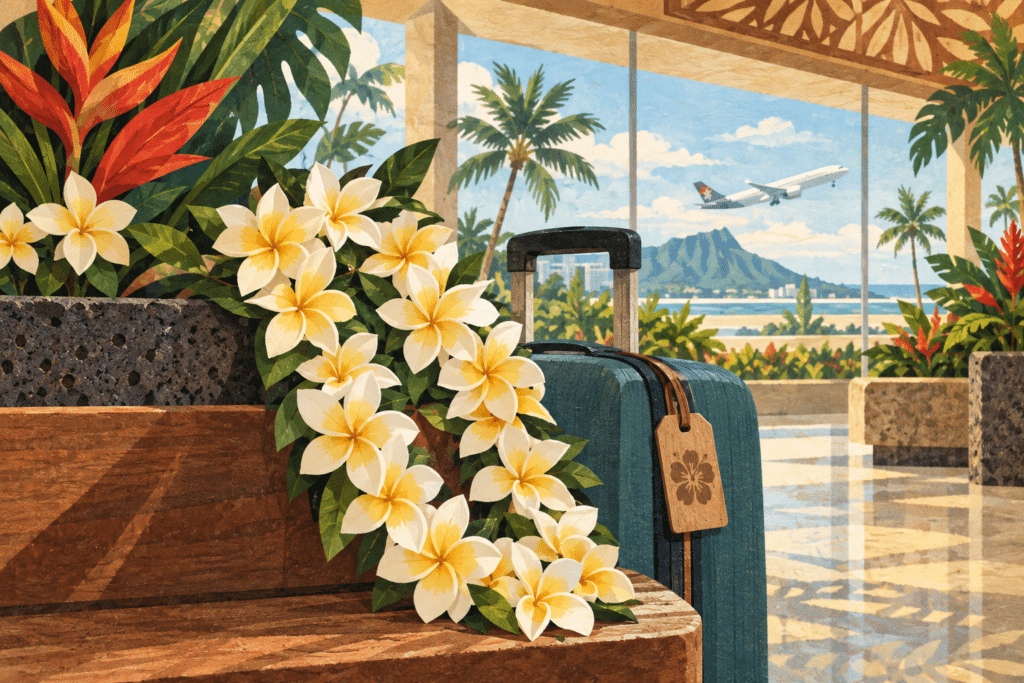 Illustration of a fresh flower lei beside luggage in a tropical airport garden.