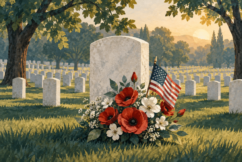 Illustration of flowers and a small American flag beside a military headstone on Memorial Day.