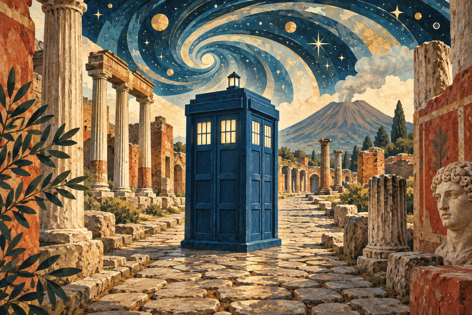Illustration of a blue time-travel police box among Roman ruins beneath a swirling starry sky.