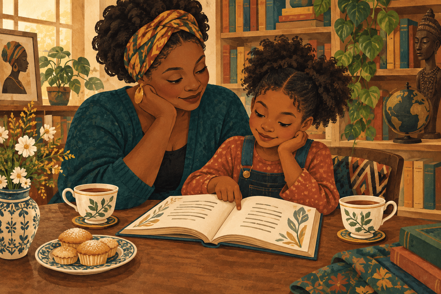 Illustration of a Black parent and child reading poetry together over tea and cakes.