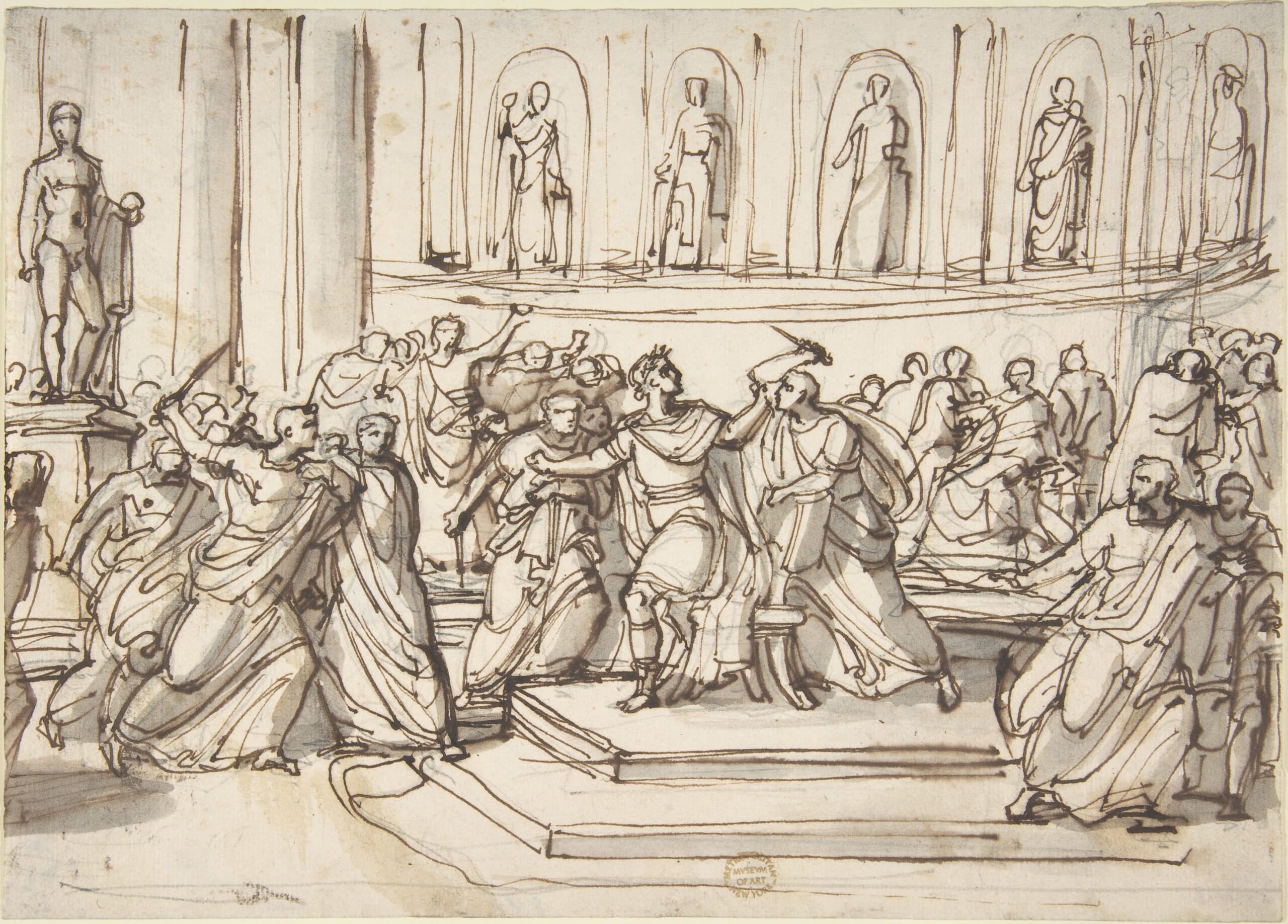 Historical engraving of Roman figures gathered in a classical hall.